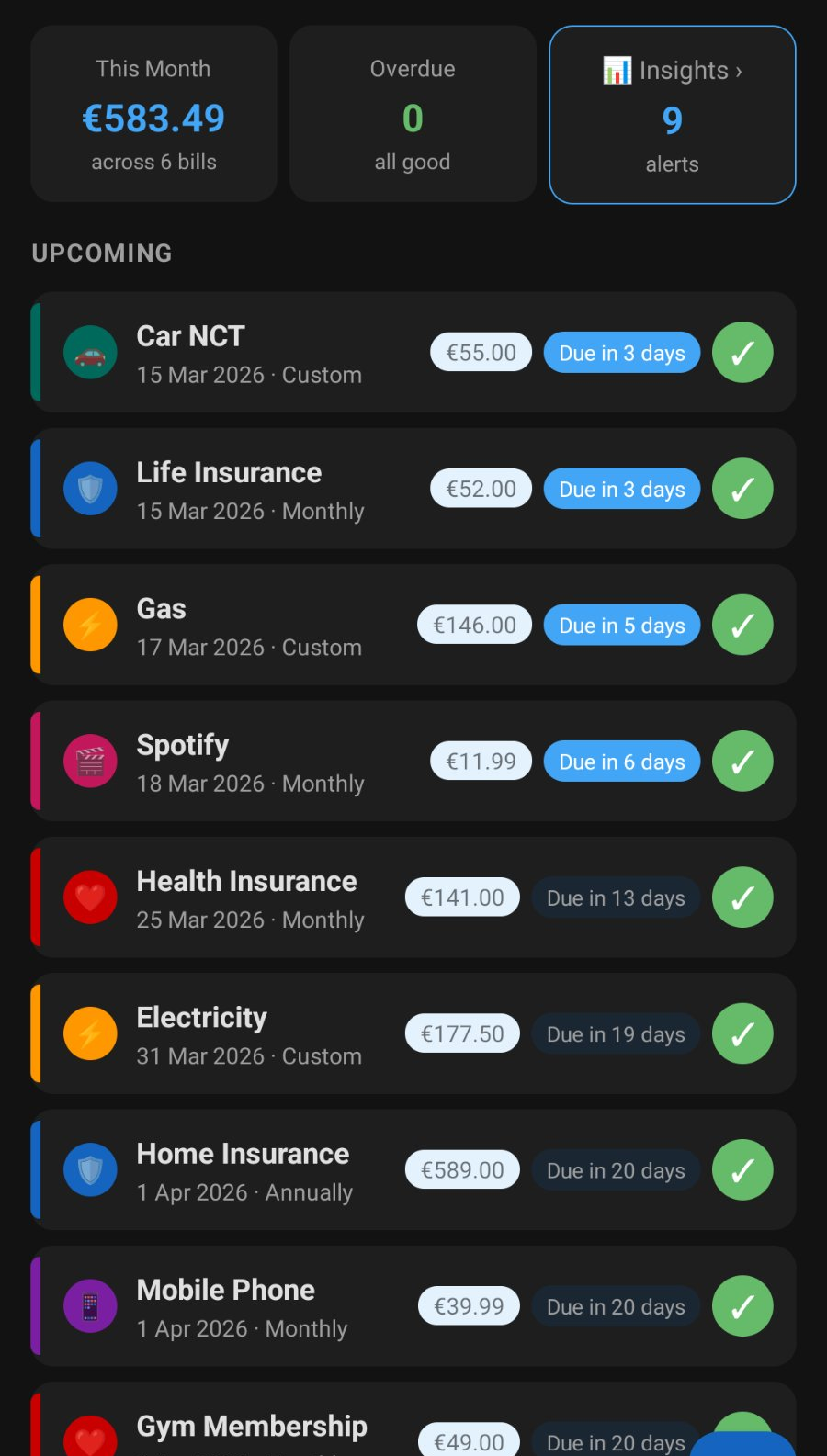 BillDay bill list in dark mode showing bills organised by category including energy, entertainment, and health