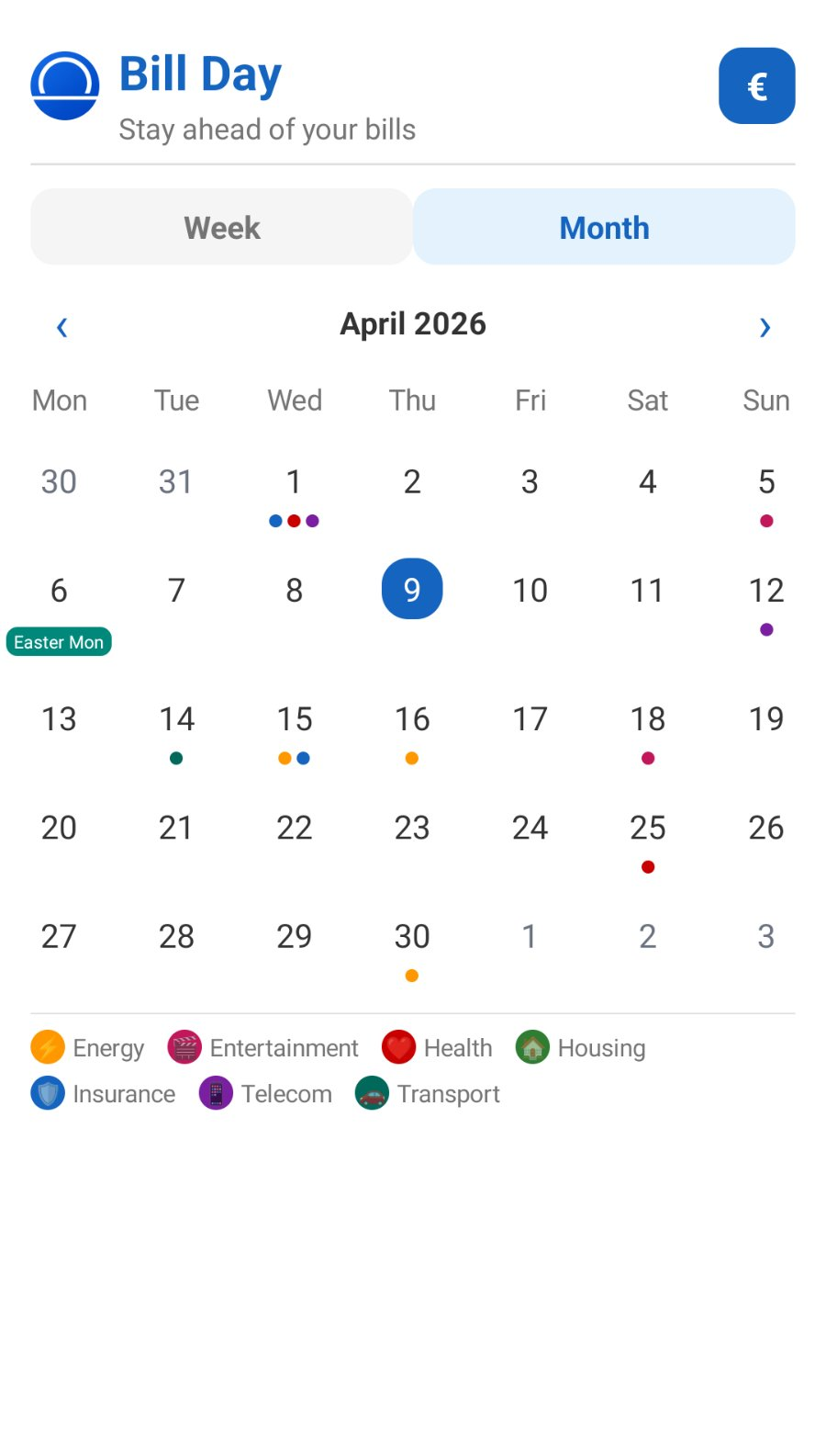 BillDay calendar view showing bills marked on their due dates throughout the month with colour-coded categories