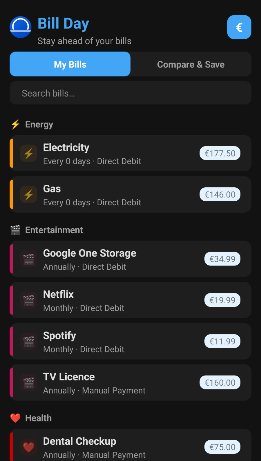 BillDay dark mode home screen showing upcoming bills with due dates and payment amounts