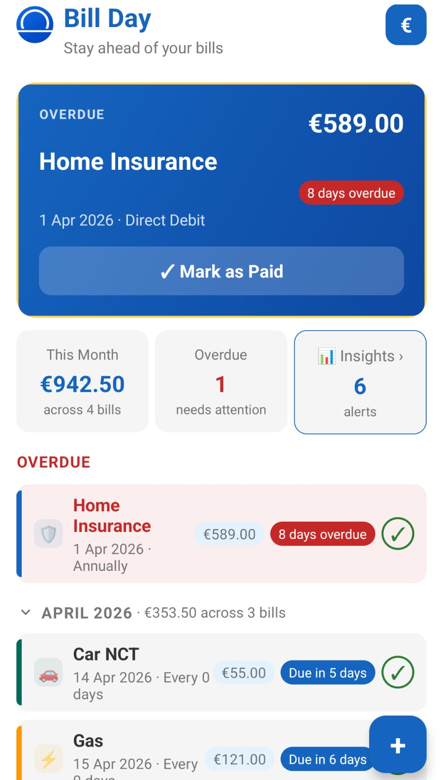 BillDay home screen showing upcoming bills, monthly spending total, and an overdue bill alert with Mark as Paid button