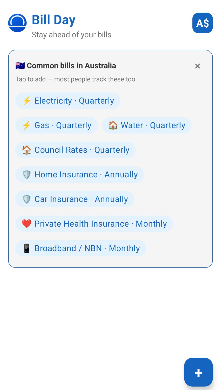 BillDay quick setup showing common Australian bills including quarterly electricity, gas, water, and council rates