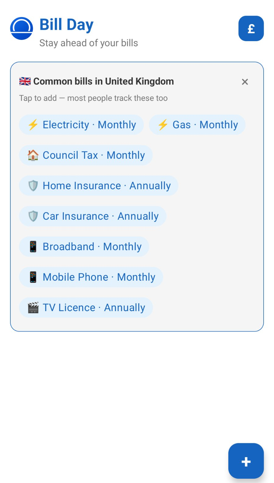 BillDay quick setup showing common UK bills including electricity, gas, council tax, broadband, and TV licence