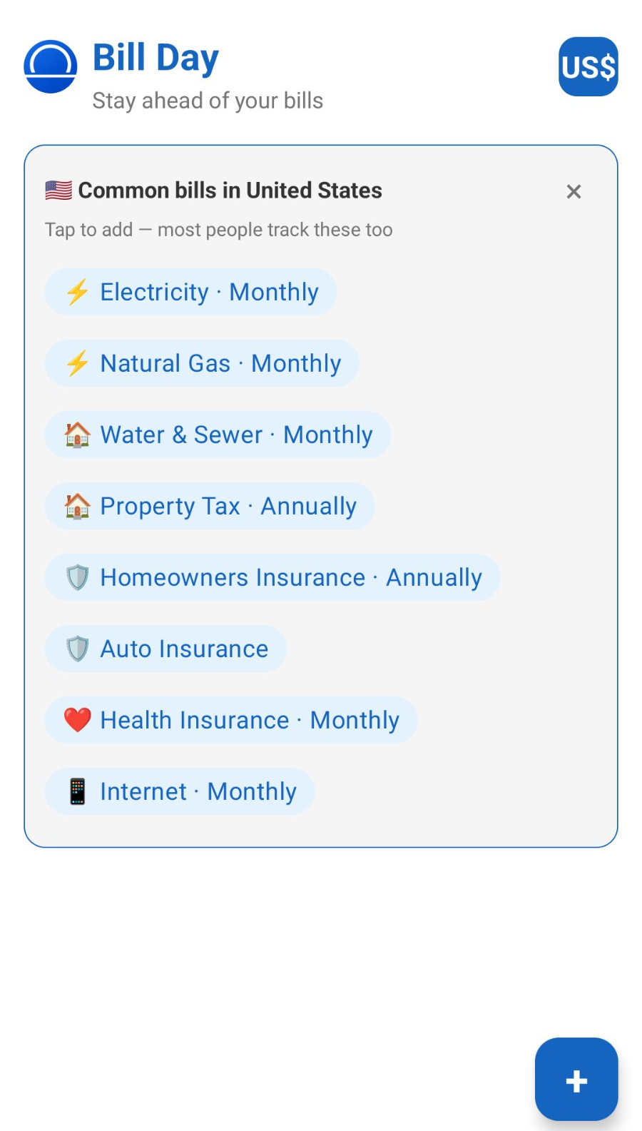 BillDay quick setup showing common US bills including electricity, water and sewer, property tax, and health insurance